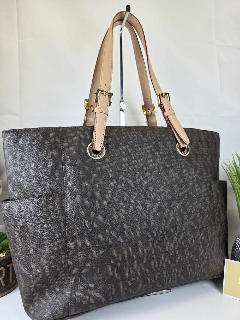 Michael Kors Jet Set Travel Brown Logo Tote Shoulder Bag Work Laptop School - Picture 8 of 13